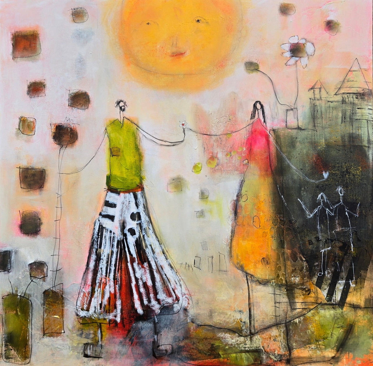 Abstract painting with two figures holding hands under a large smiling sun with textured background