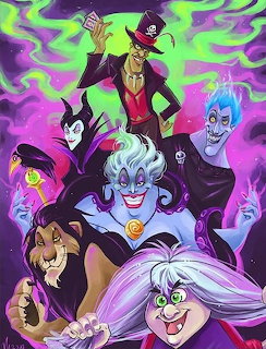 Colorful illustration of Disney villain characters arranged together against a purple and green background