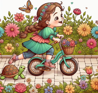 Girl on Bicycle with Flowers