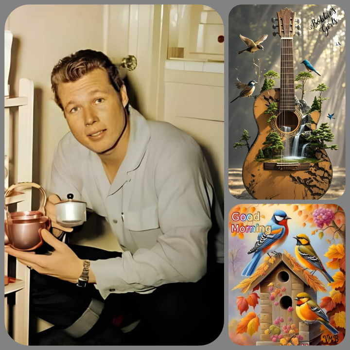 Collage with a man holding a coffee pot and cup, plus guitar, birds, and a birdhouse illustrations