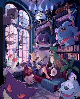 Ghost-type Pokemon gathered in a dark purple library with candles, books, and moonlit windows at night