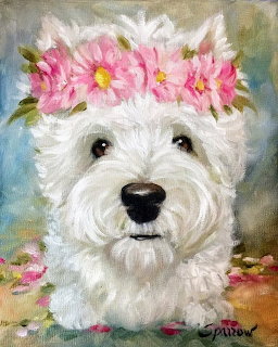 White Westie dog wearing pink flower crown in impressionist painting style