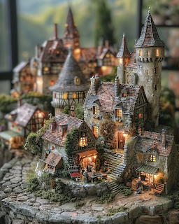 Detailed miniature medieval village diorama with stone buildings, towers, and warm glowing lights