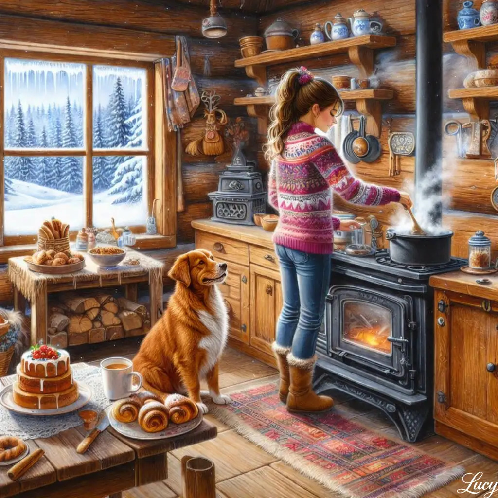 Woman cooking at wood stove in cozy cabin kitchen with dog and baked goods, winter scene outside