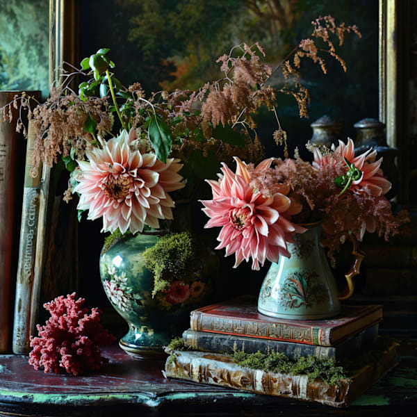Pink dahlias in antique vases beside stacked old books and red coral on a dark wooden table