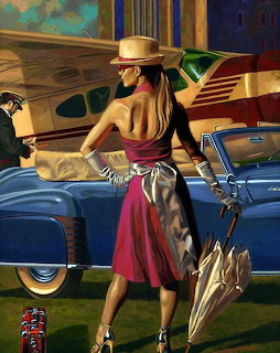 Woman with Vintage Car and Plane