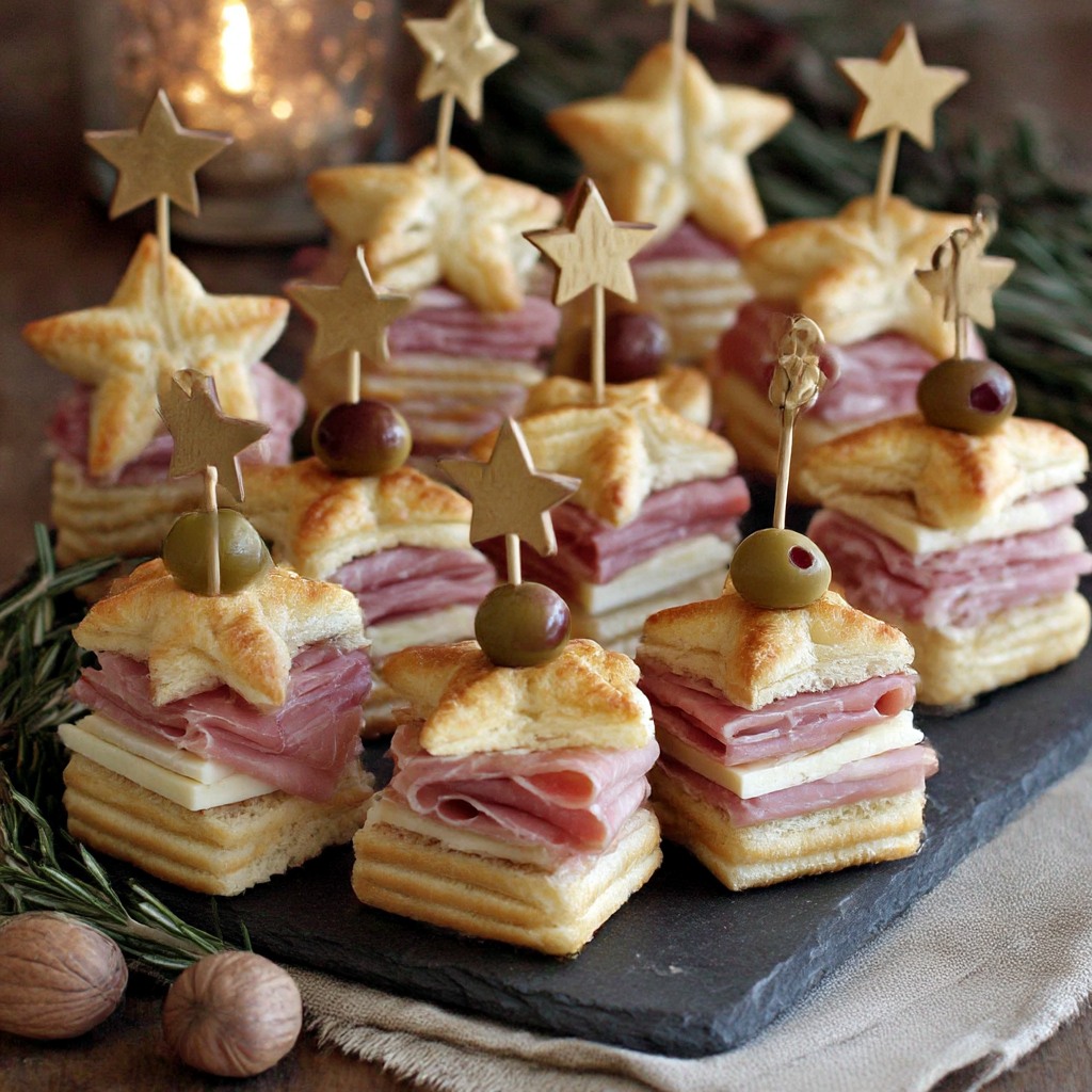 Layered sandwich canapés topped with star crackers and olives arranged on a slate board
