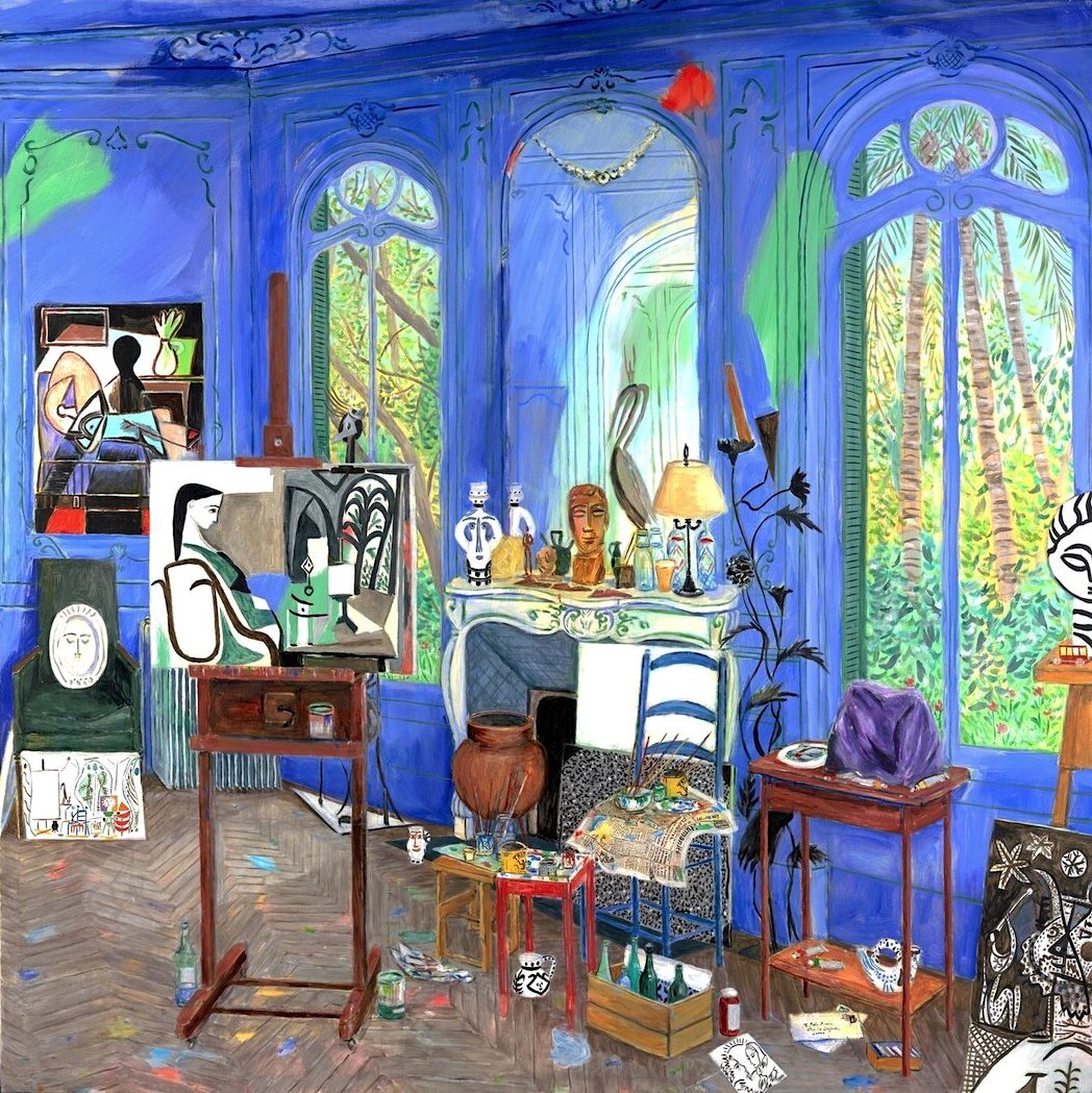 Vibrant painting of artist studio with blue walls, arched windows, easels, and colorful artwork