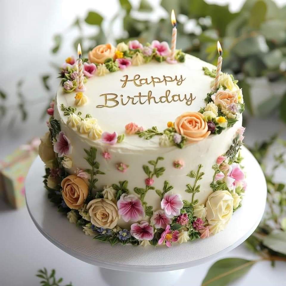 White birthday cake decorated with pink, peach, and white buttercream flowers, green leaves, and lit candles