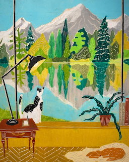 Illustration of cozy room with dog, cat, and view of mountains reflected in lake through large window