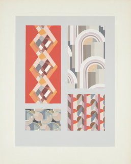 Four Art Deco geometric pattern designs with diamonds, arches, and chevrons in coral, gray, and gold