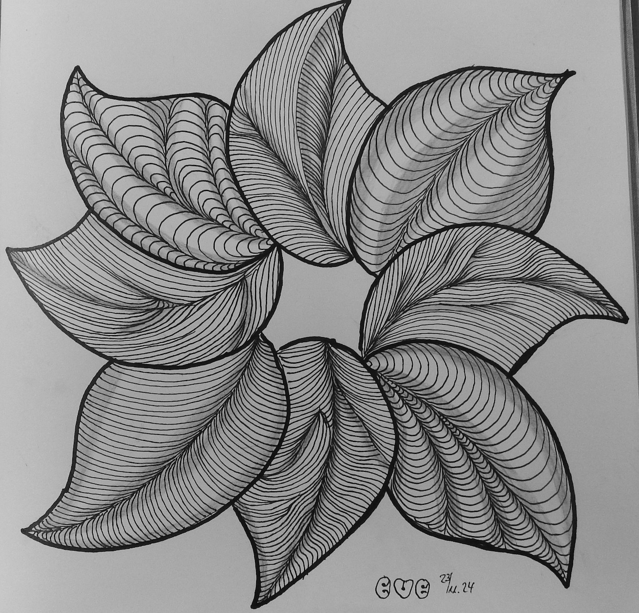 Abstract black line drawing of a stylized flower with patterned petals