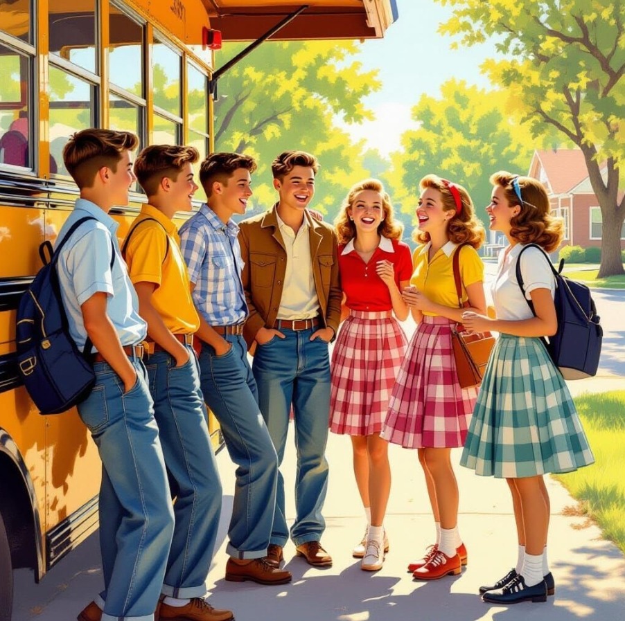 Group of eight school children in retro clothing standing by yellow school bus on sunny day