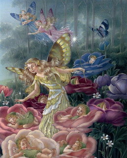 Baby fairies resting in pink flower petals surrounded by butterflies and mushrooms in a magical forest scene
