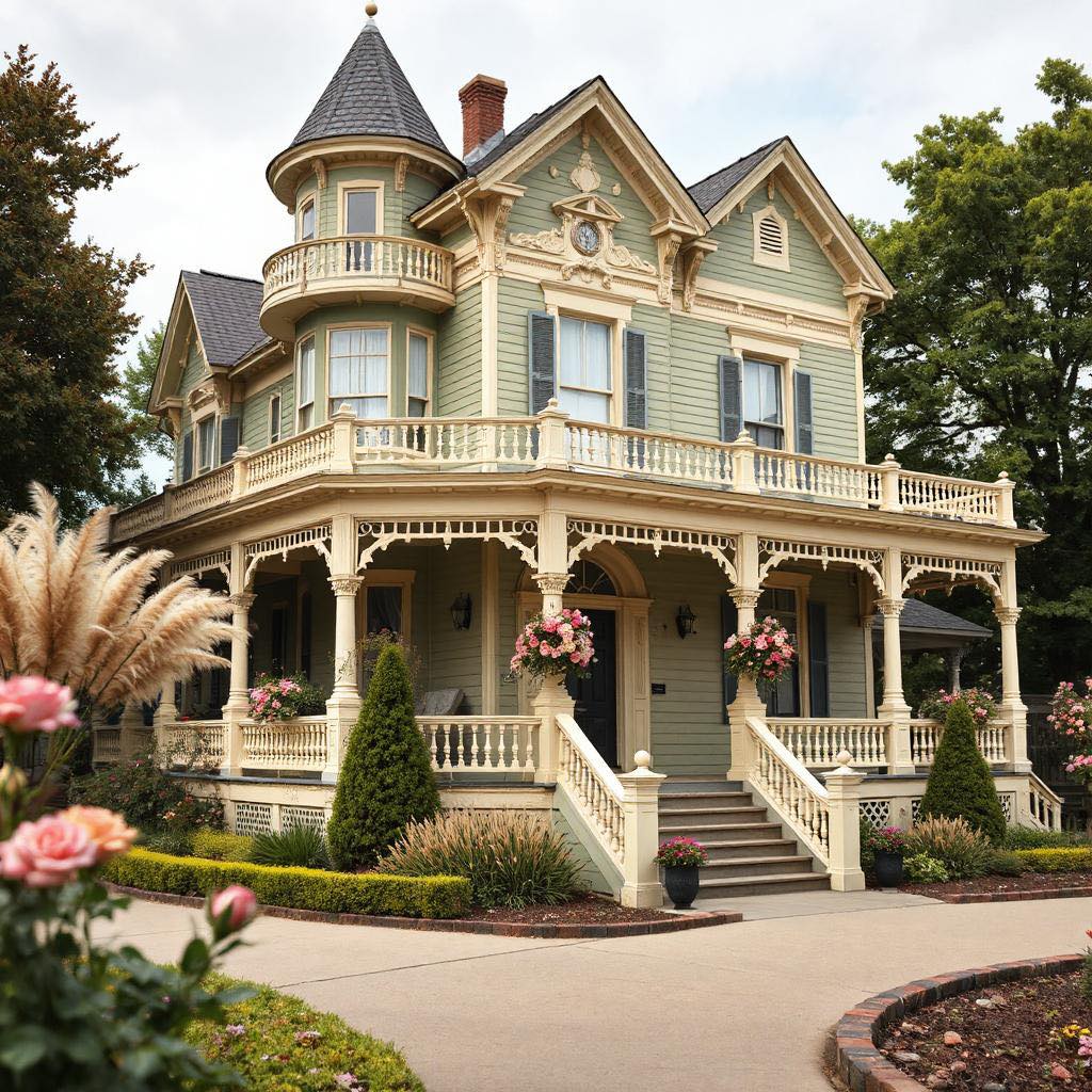 Large Victorian mansion with turret, ornate details, wraparound porch, and landscaped garden