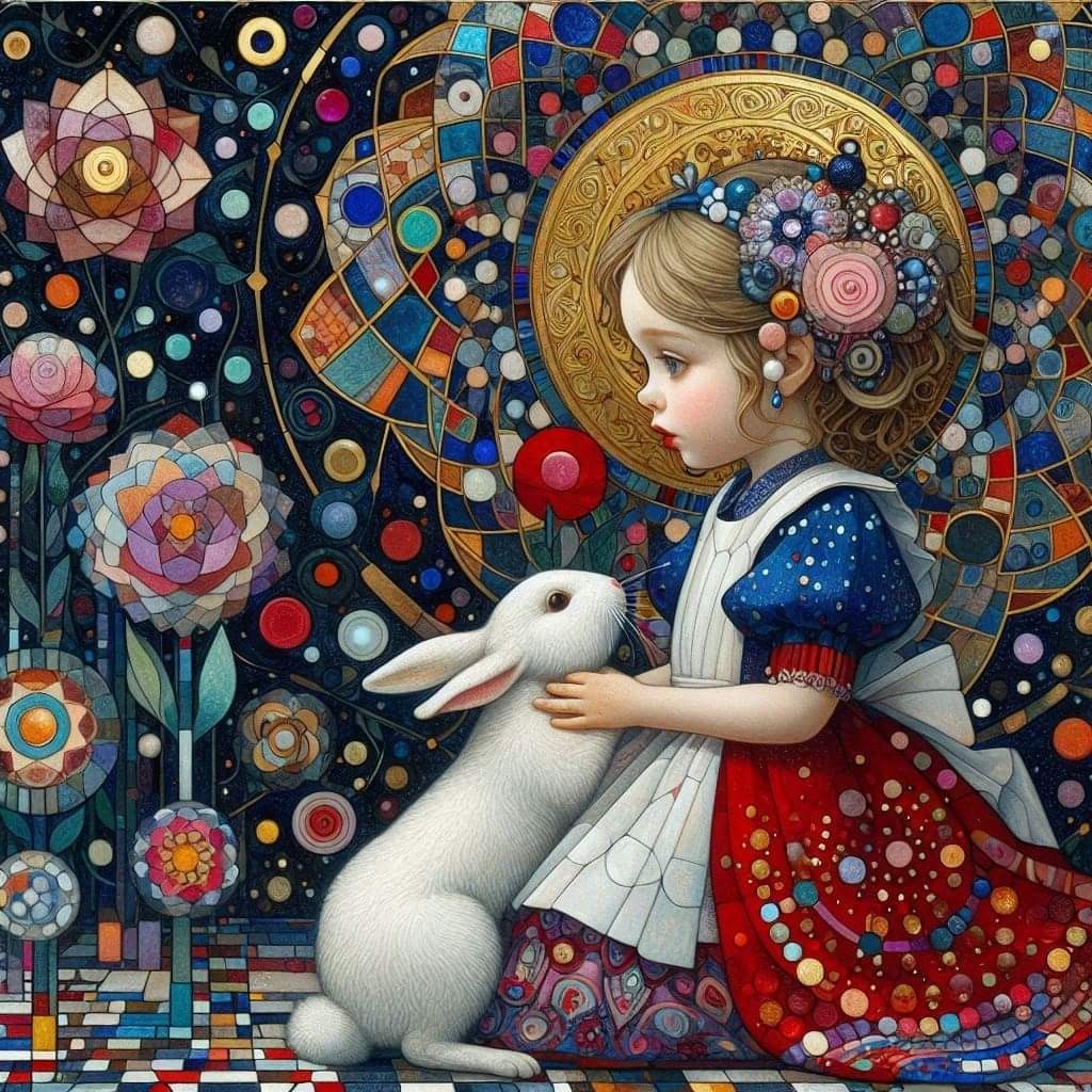 Young girl in decorative dress embracing white rabbit against vibrant mosaic background with celestial and floral patterns