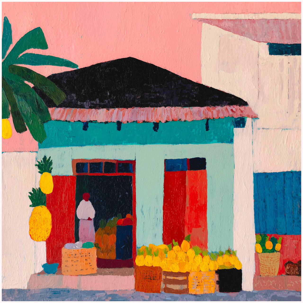 Painted tropical market stall with palm tree, yellow fruit baskets, turquoise walls and pink roof against coral sky