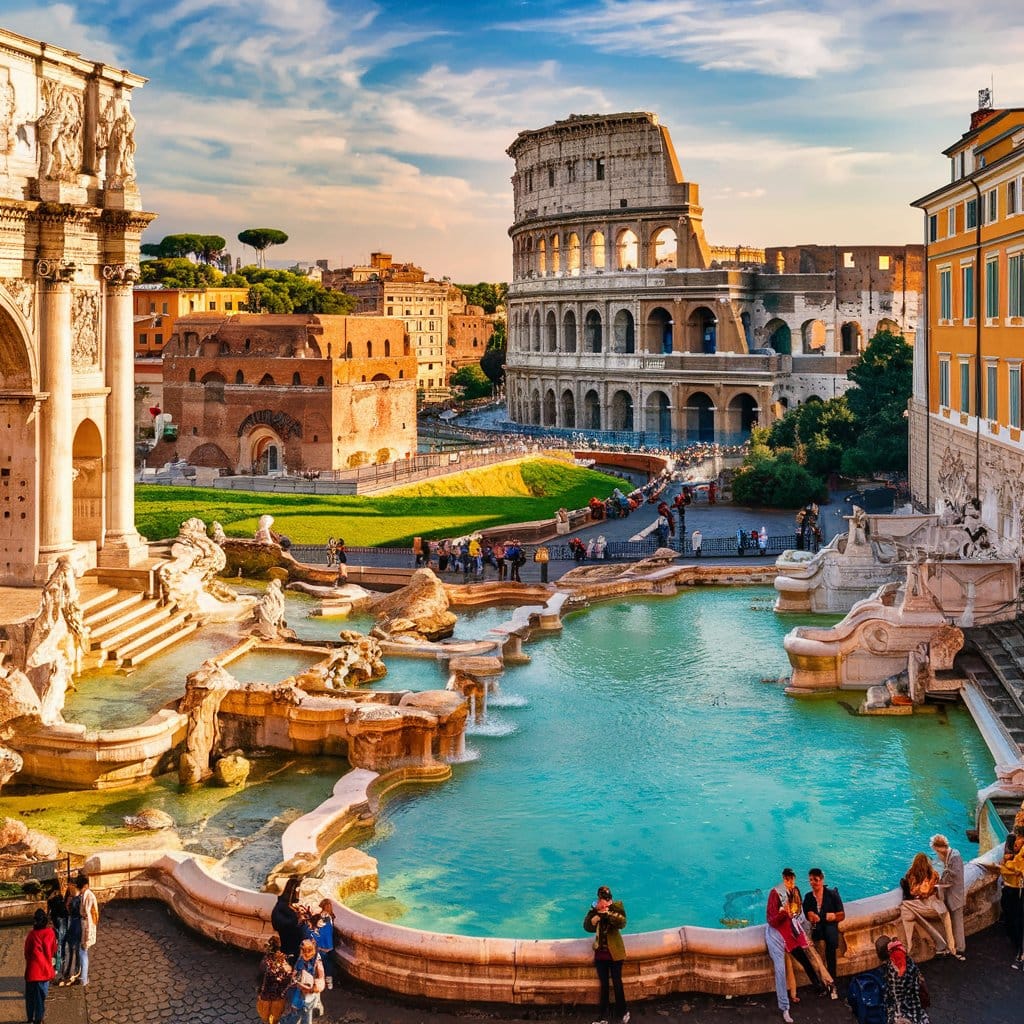 Rome cityscape showing the Colosseum, baroque fountain with turquoise water, and ancient Roman architecture