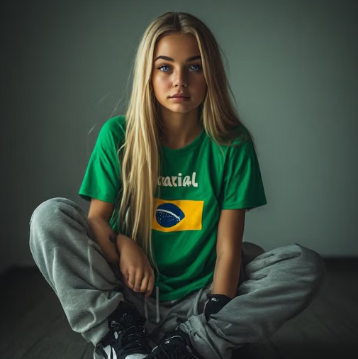 Blonde young woman sitting cross-legged on the floor wearing a green shirt and gray sweatpants