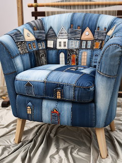 Cozy armchair covered in blue denim patchwork with embroidered house motifs and wooden legs on zebra-print rug