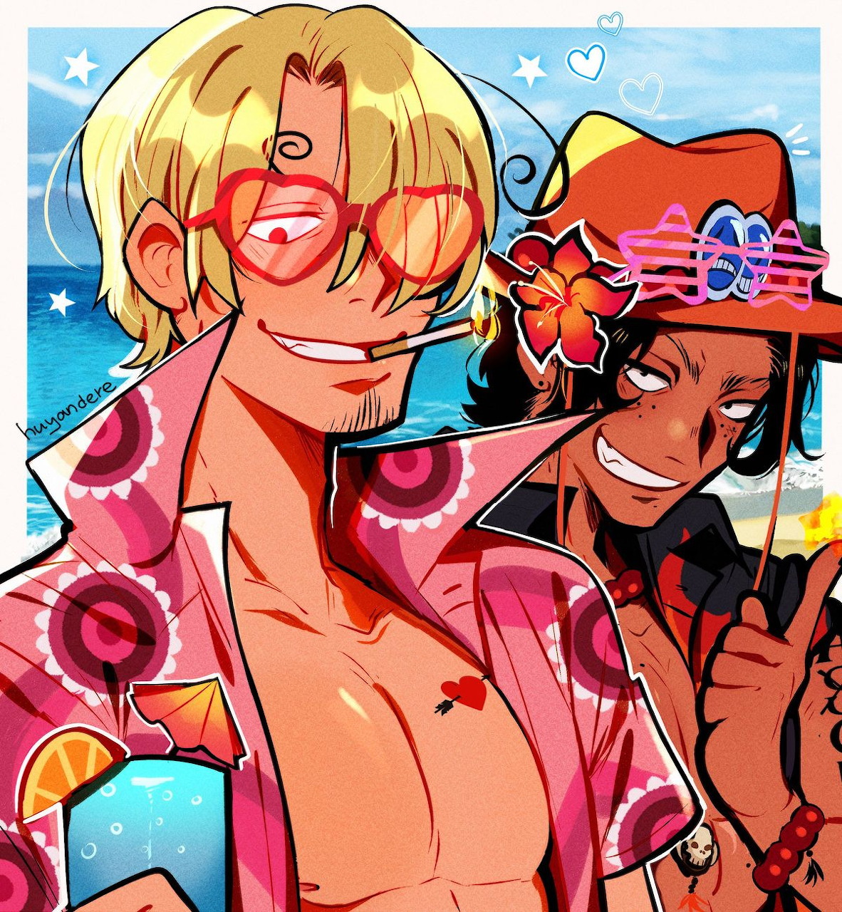Anime-style blond man in heart-shaped glasses with a smiling dark-haired character beside him