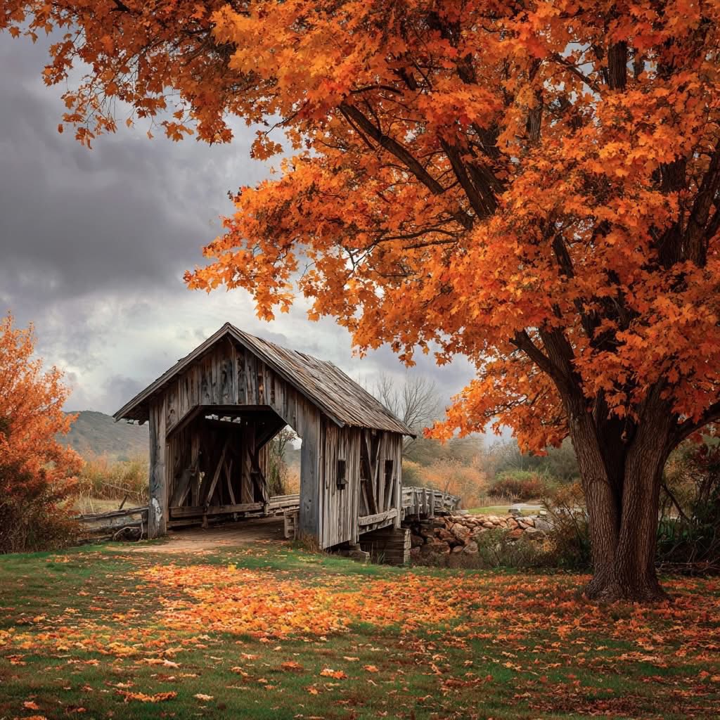 Weathered covered bridge surrounded by bright orange fall trees under gray storm clouds