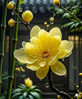 Yellow lotus flower with water droplets surrounded by bamboo and green leaves in a garden