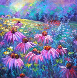 Impressionist painting of purple coneflowers in a vibrant meadow with colorful sky