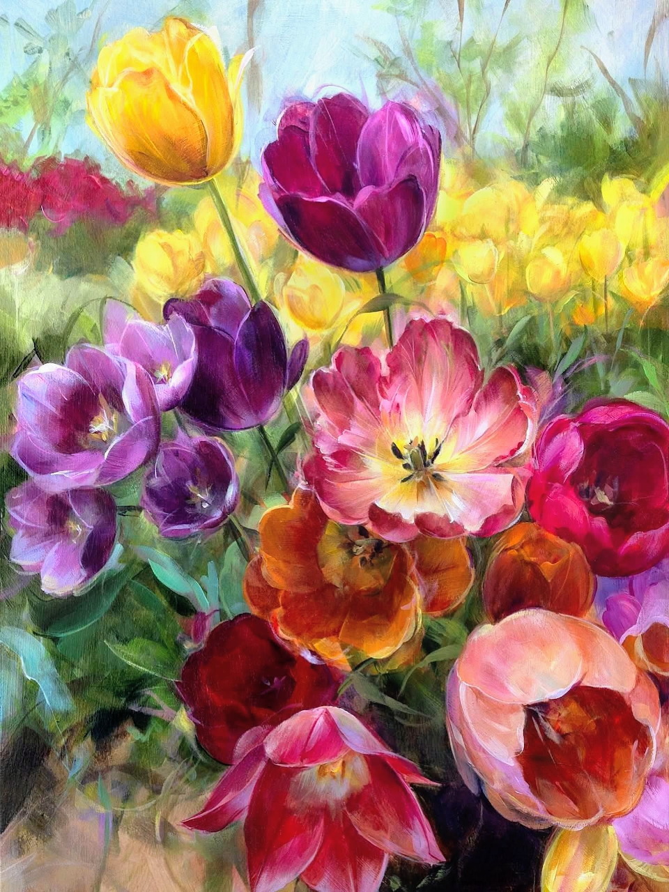 Colorful painting of spring flowers in pink, purple, orange, and yellow