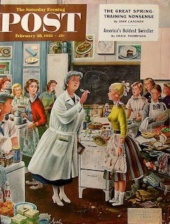 1957 Saturday Evening Post cover depicting a busy diner counter with waitresses serving customers in retro 1950s style