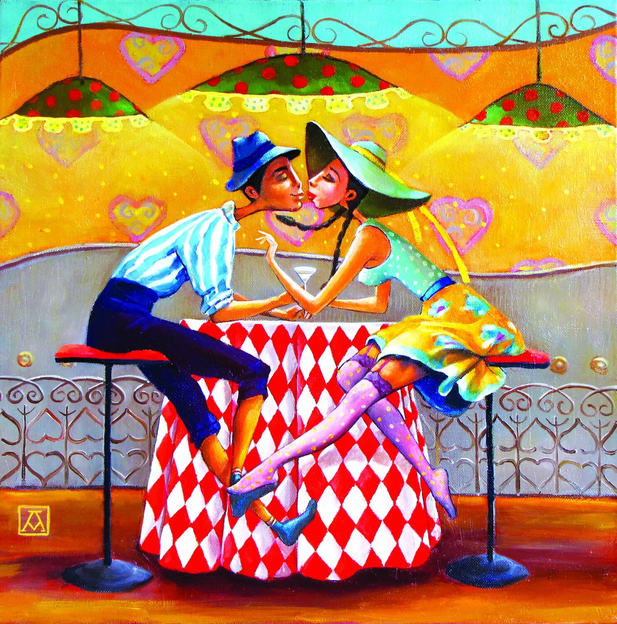 Colorful folk art painting of couple in traditional dress embracing with patterned clothing and landscape background