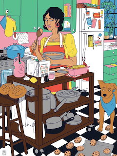Illustrated woman in yellow shirt baking at kitchen counter with dog and cat nearby
