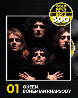 Queen band members in classic Bohemian Rhapsody pose with dramatic lighting on black background