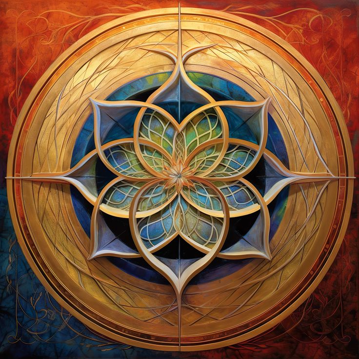 Circular mandala with geometric lotus flower design in gold, blue and orange tones