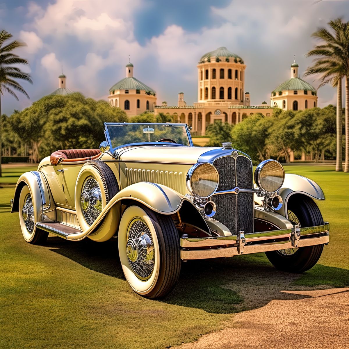 Cream and brown 1928 Auburn Boattail Speedster on grass with ornate building behind