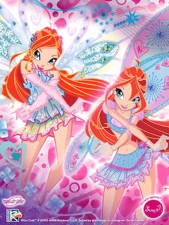 Two animated fairy girls with long red hair, colorful wings, and magical outfits flying in a sparkly pink fantasy scene