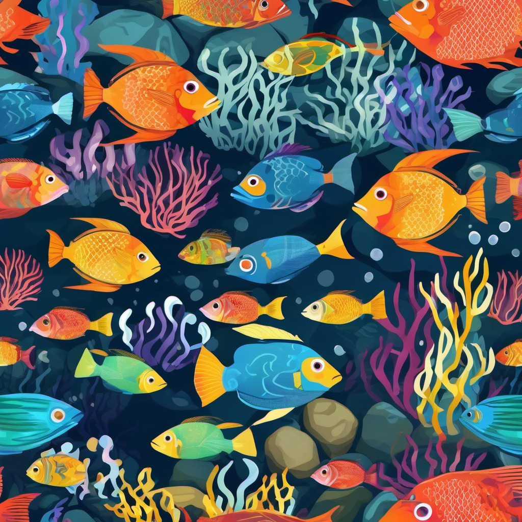 Colorful tropical fish swimming among coral in deep blue ocean water
