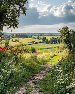 Footpath through wildflowers leading to green rolling hills under a cloudy summer sky