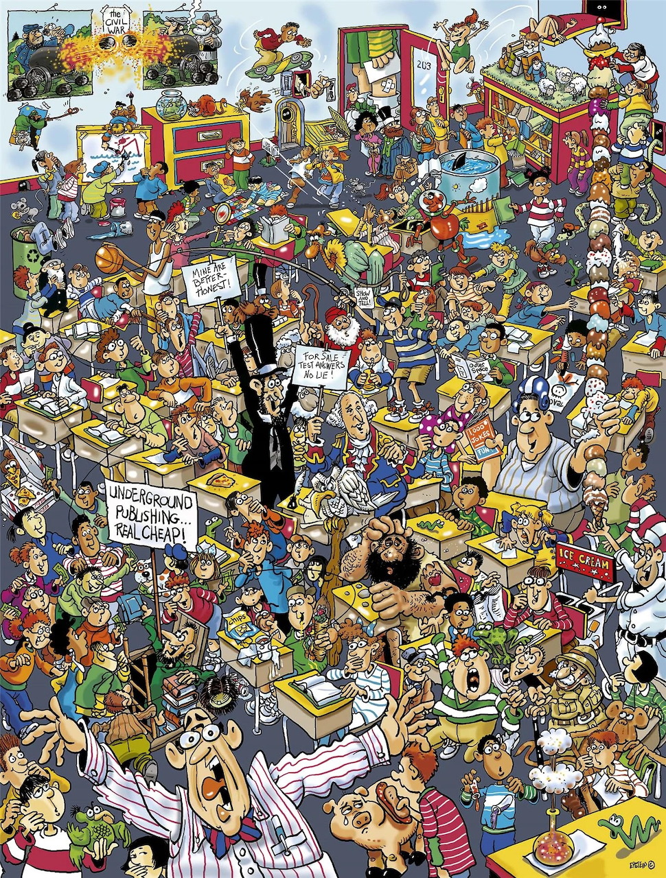 Densely packed cartoon illustration of chaotic classroom with many children, pets, toys, and school items scattered everywhere