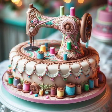 Cake decorated as a vintage sewing machine with colorful thread spools and ornate frosting details