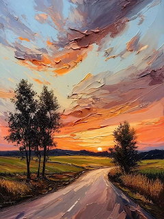 Oil painting of country road at sunset with orange clouds and trees