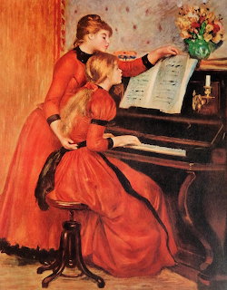 Renoir painting of a woman in red teaching a blonde girl to play piano