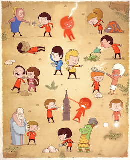 Cartoon of Star Trek red shirt crew members in comedic death scenes on alien planet surface