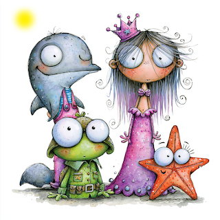 Cartoon mermaid princess with crown standing with dolphin, frog, and starfish characters in watercolor illustration