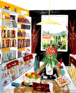 Vibrant painting showing library room with yellow bookshelves, window overlooking countryside, and table with fruit and flowers