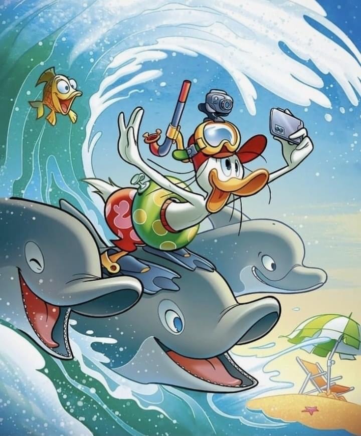 Donald Duck riding dolphins through a large wave while taking a selfie