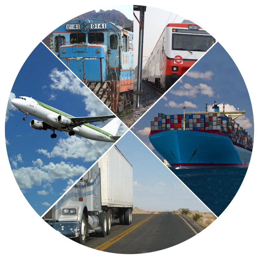 Circular collage of five transportation vehicles: ships, plane, train, and truck
