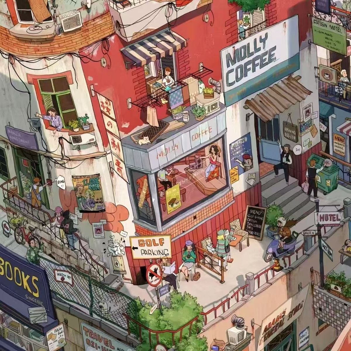 Isometric miniature city scene with colorful buildings, shops, and rooftop details