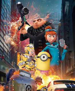 Despicable Me 4 poster with Gru, minions, and crew in explosive city scene