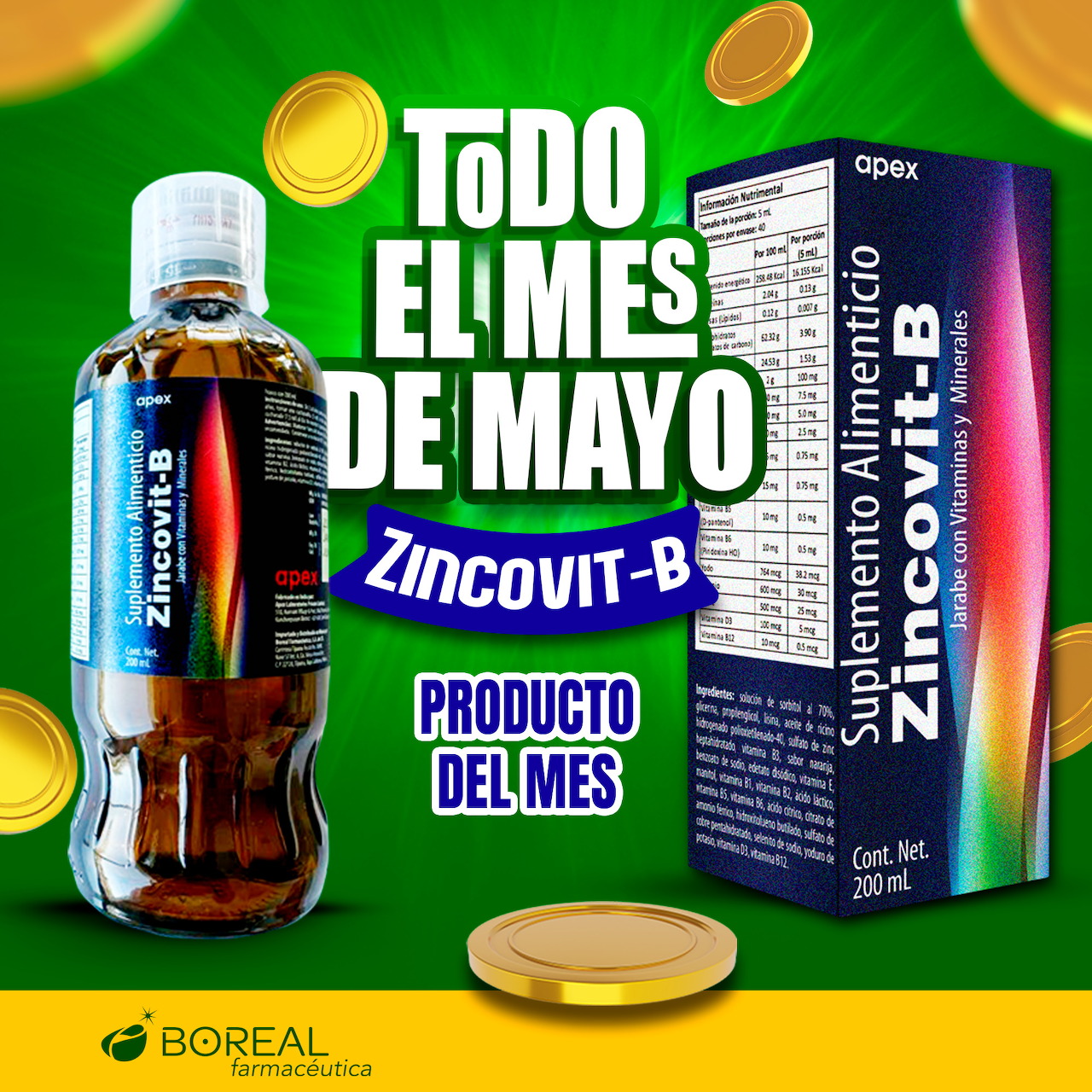 Brown supplement bottle and product box on a green promotional background with gold coins
